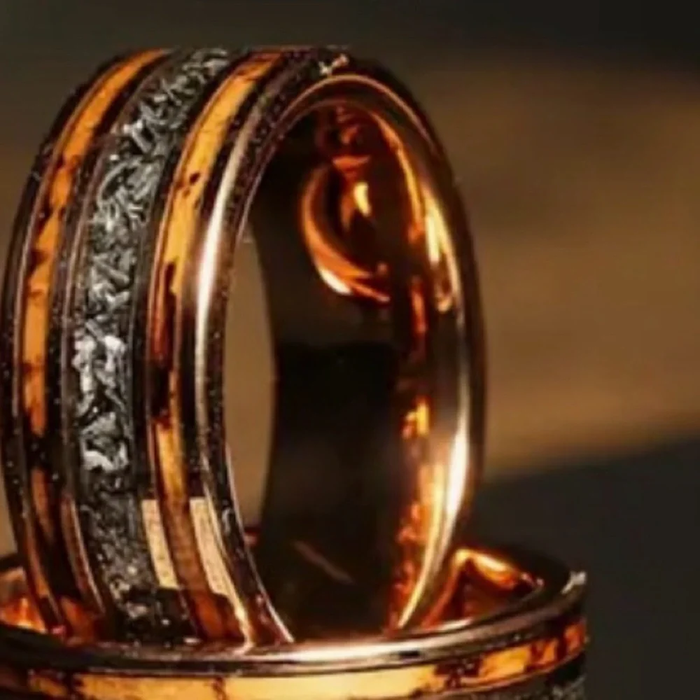 Men's Stainless Steel Wood Inlay Ring with Meteorite Accent Rose Golden Color - Picture 5 of 11